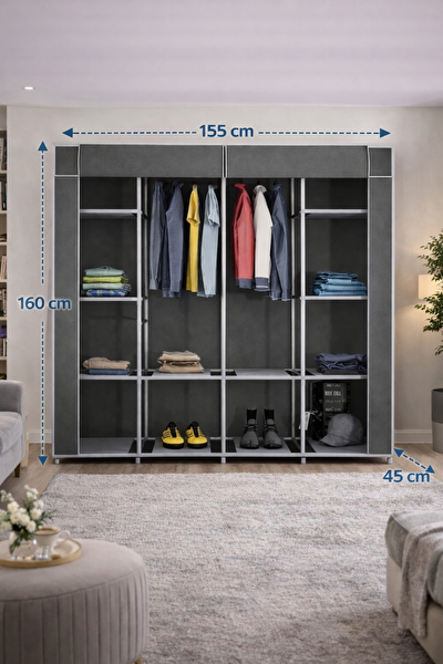 Reyo Teknor Metal Çift Askılı 155x160x45 CM Geniş Hacimli Portatif Bez Dolap Gri
