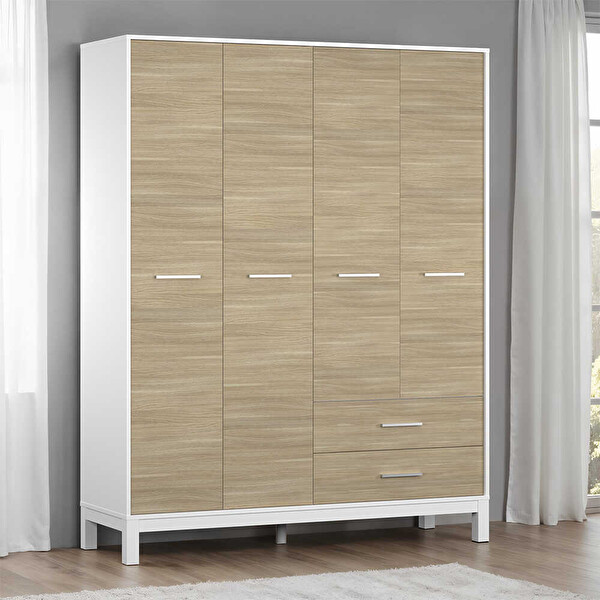 Adore Mobilya London 159x202x52 CM 4 Kapaklı 2 Çekmeceli Gardırop Meşe Beyaz GxYxD