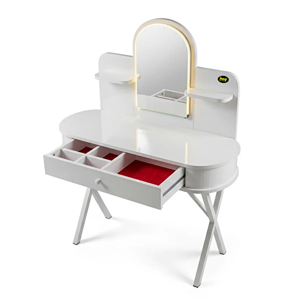 Hey Modüler Mobilya Mira Model LED Işıklı Aynalı Beyaz Makyaj Masası Çekmeceli Takı Düzenleyici Organizer Beyaz Metal Ayak 110 CM