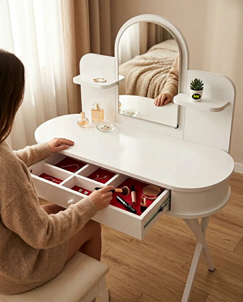 Hey Modüler Mobilya Mira Model LED Işıklı Aynalı Beyaz Makyaj Masası Çekmeceli Takı Düzenleyici Organizer Beyaz Metal Ayak 110 CM