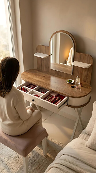 Hey Modüler Mobilya Mira Model LED Işıklı Aynalı Makyaj Masası Çekmeceli Takı Düzenleyici Organizer Ceviz Krem Metal Ayak 110 CM
