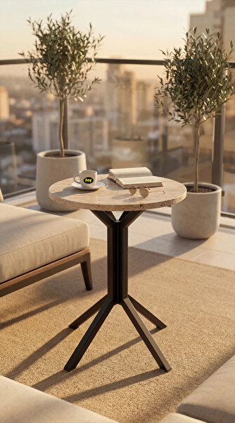 Hey Modüler Mobilya Yıldız Yuvarlak Traverten Mutfak Masası Yemek Masası Balkon Masası Metal Siyah Ayak 50 CM