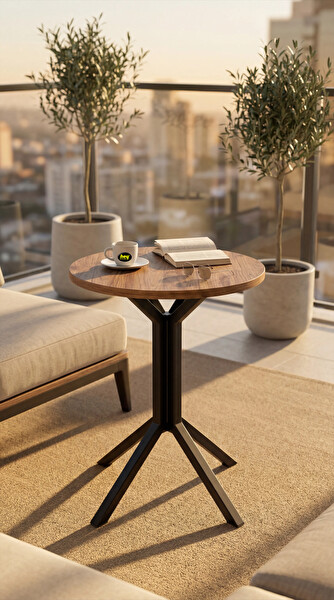 Hey Modüler Mobilya Yıldız Yuvarlak Ceviz Mutfak Masası Yemek Masası Balkon Masası Metal Siyah Ayak 50 CM
