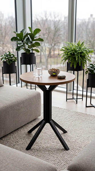 Hey Modüler Mobilya Yıldız Yuvarlak Ceviz Mutfak Masası Yemek Masası Balkon Masası Metal Siyah Ayak 50 CM