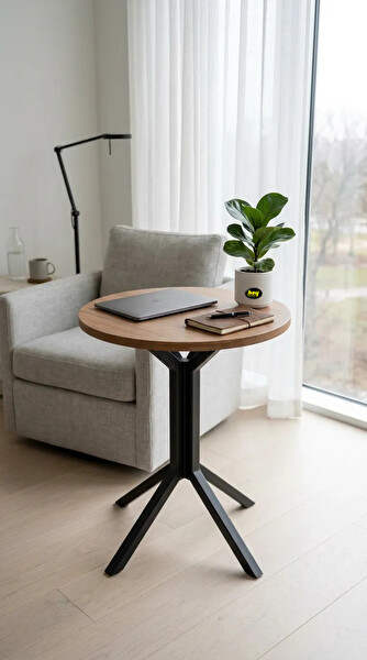 Hey Modüler Mobilya Yıldız Yuvarlak Ceviz Mutfak Masası Yemek Masası Balkon Masası Metal Siyah Ayak 50 CM