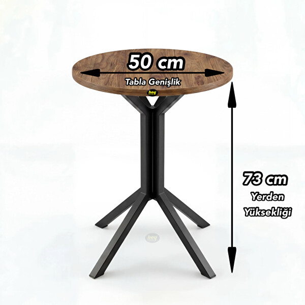 Hey Modüler Mobilya Yıldız Yuvarlak Ceviz Mutfak Masası Yemek Masası Balkon Masası Metal Siyah Ayak 50 CM