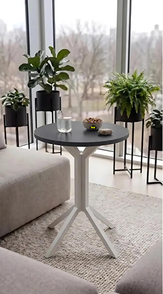 Hey Modüler Mobilya Yıldız Yuvarlak Antrasit Mutfak Masası Yemek Masası Balkon Masası Metal Beyaz Ayak 50 CM