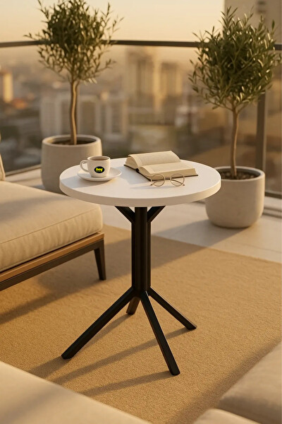 Hey Modüler Mobilya Yıldız Yuvarlak Beyaz Mutfak Masası Yemek Masası Balkon Masası Metal Siyah Ayak 50 CM
