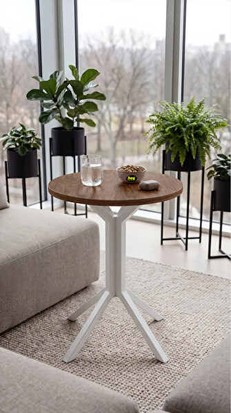 Hey Modüler Mobilya Yıldız Yuvarlak Ceviz Mutfak Masası Yemek Masası Balkon Masası Metal Beyaz Ayak 50 CM