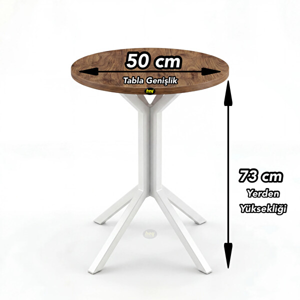 Hey Modüler Mobilya Yıldız Yuvarlak Ceviz Mutfak Masası Yemek Masası Balkon Masası Metal Beyaz Ayak 50 CM