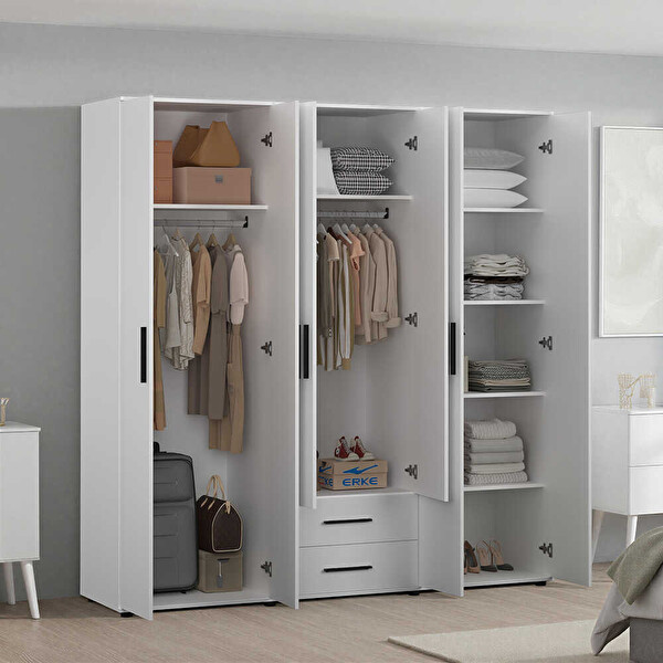 Adore Mobilya White 6 Kapaklı 2 Çekmeceli Gardırop - Mat Beyaz 206x213x52 CM