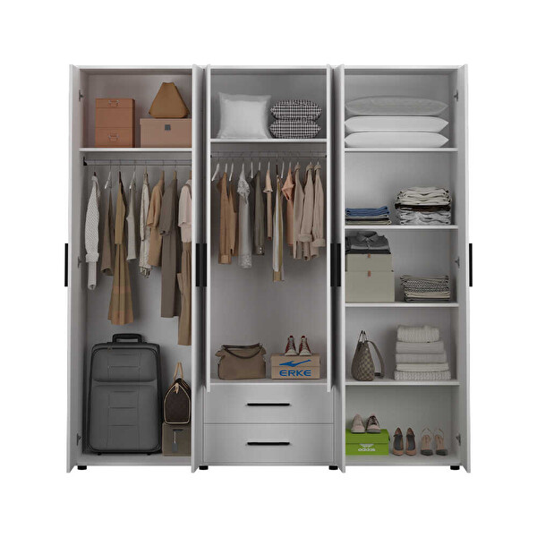 Adore Mobilya White 6 Kapaklı 2 Çekmeceli Gardırop - Mat Beyaz 206x213x52 CM