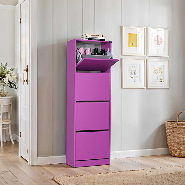 Adore Mobilya Flat Duo 4 Katlı Ayakkabılık - Mor 51x157x26 CM
