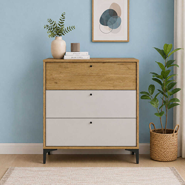 Adore Mobilya Madrid Florida Meşe-Vizon 80x87x45 CM 3 Çekmeceli Şifonyer