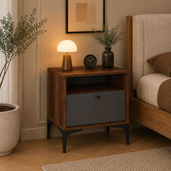 Adore Mobilya Madrid 51x55x45 CM Oslo Ceviz/Antrasit Tek Çekmeceli Komodin