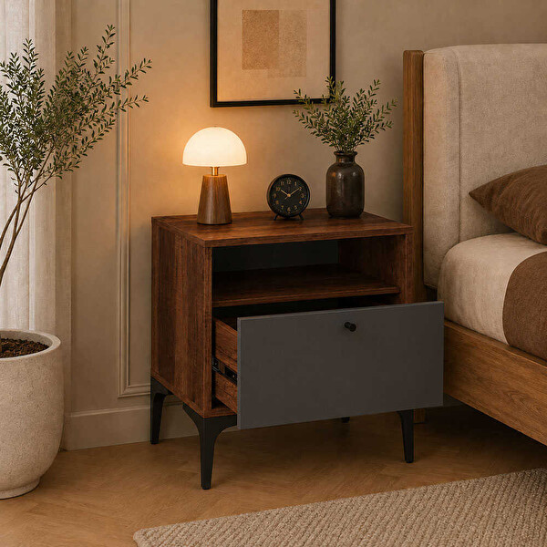 Adore Mobilya Madrid 51x55x45 CM Oslo Ceviz/Antrasit Tek Çekmeceli Komodin