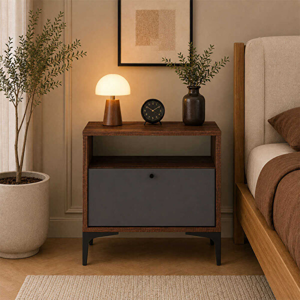 Adore Mobilya Madrid 51x55x45 CM Oslo Ceviz/Antrasit Tek Çekmeceli Komodin