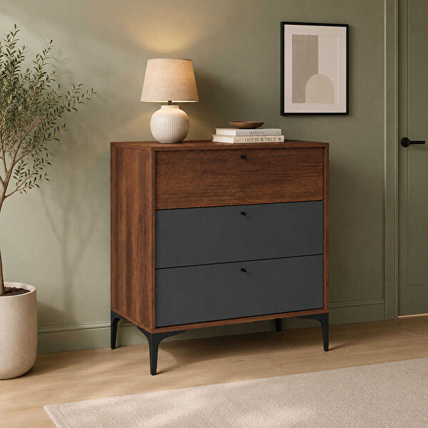 Adore Mobilya Madrid Oslo Ceviz-Antrasit 80x87x45 CM 3 Çekmeceli Şifonyer