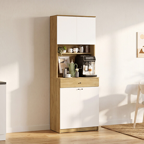 Adore Mobilya 4 Kapaklı Tek Çekmeceli Çok Amaçlı Dolap Florida Meşe - Beyaz 72x195x45 CM Kahve Köşesi