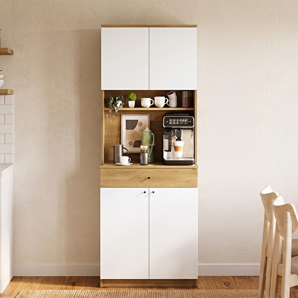 Adore Mobilya 4 Kapaklı Tek Çekmeceli Çok Amaçlı Dolap Florida Meşe - Beyaz 72x195x45 CM Kahve Köşesi