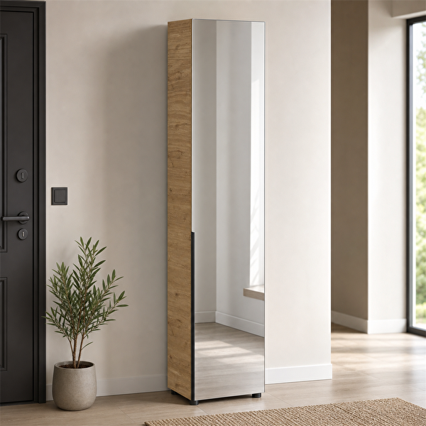 Adore Mobilya Porto 10 Bölmeli Tek Kapaklı 47x210x34 CM Florida Meşe-Vizon Aynalı Vestiyer