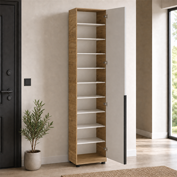 Adore Mobilya Porto 10 Bölmeli Tek Kapaklı 47x210x34 CM Florida Meşe-Vizon Aynalı Vestiyer