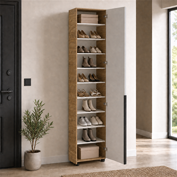 Adore Mobilya Porto 10 Bölmeli Tek Kapaklı 47x210x34 CM Florida Meşe-Vizon Aynalı Vestiyer