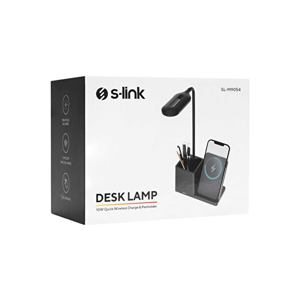 S-Link SL-M9054 Type-C 10 W Kablosuz Şarj Cihazı Kalemlikli Siyah Masa Lambası