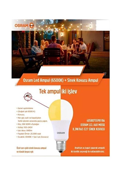 Osram LVCLA60 8W (60W) Sinek Kavucu Led Ampul Beyaz - 6500K