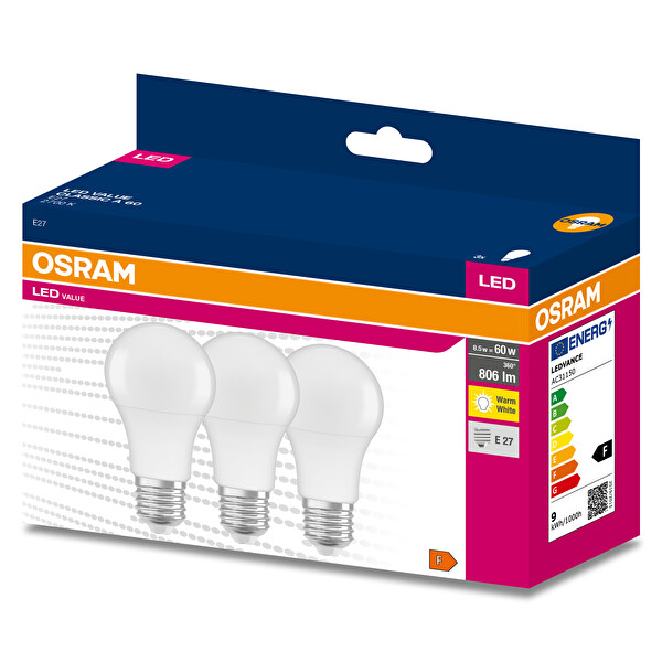 Osram Led Value 8.5W 4000K 806LM E27 duy Sarı Işık 3'lü Paket Ampul