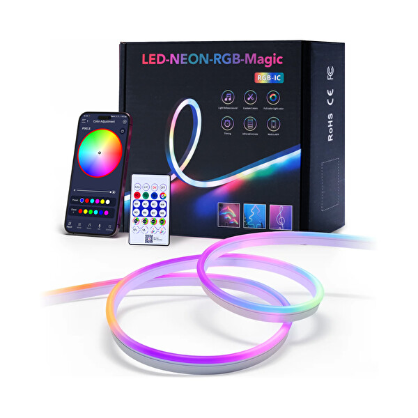 Mega Oto Market Sese Duyarlı Animasyonlu RGB Kumandalı 5 Metre Neon Şerit Hortum Led USB ve App Uyumlu