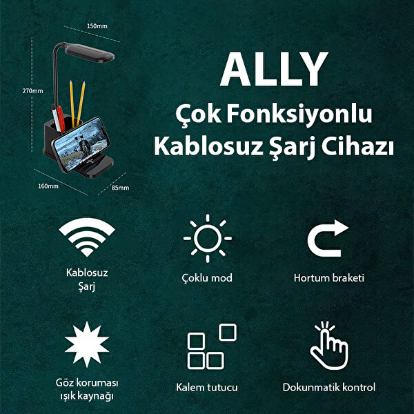Ally Kablosuz Şarj Göz Korumalı Portatif Led Masa Lambası Kalemlik