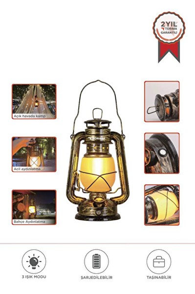 Torima LW-41 Nostaljik Retro Şarjlı Led Gaz Lambası Görünümlü Gece Lambası Koyu Ahşap