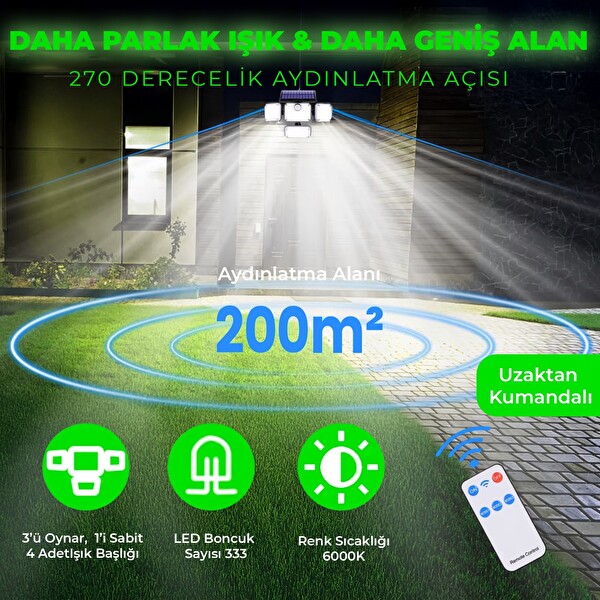 Upway Güneş Enerjili 333 Ledli 4 Oynar Başlıklı Kumandalı Su Geçirmez Sensörlü Lamba