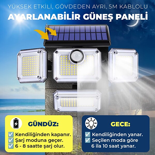 Upway Güneş Enerjili 333 Ledli 4 Oynar Başlıklı Kumandalı Su Geçirmez Sensörlü Lamba