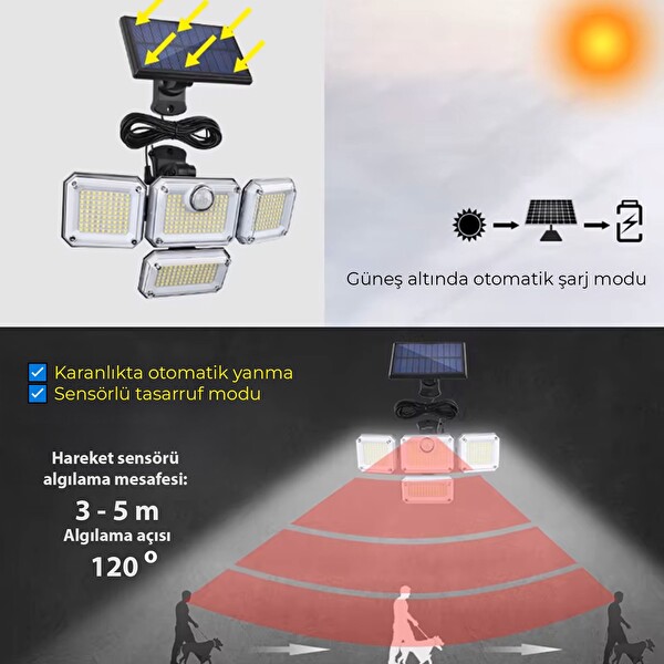 Upway Güneş Enerjili 333 Ledli 4 Oynar Başlıklı Kumandalı Su Geçirmez Sensörlü Lamba