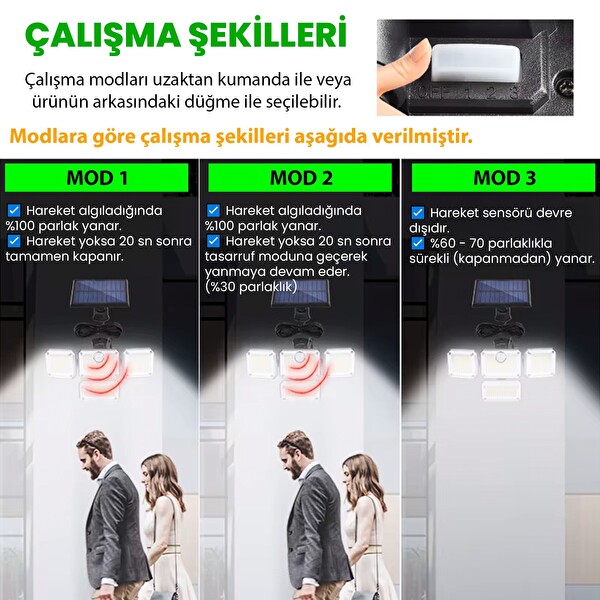 Upway Güneş Enerjili 333 Ledli 4 Oynar Başlıklı Kumandalı Su Geçirmez Sensörlü Lamba