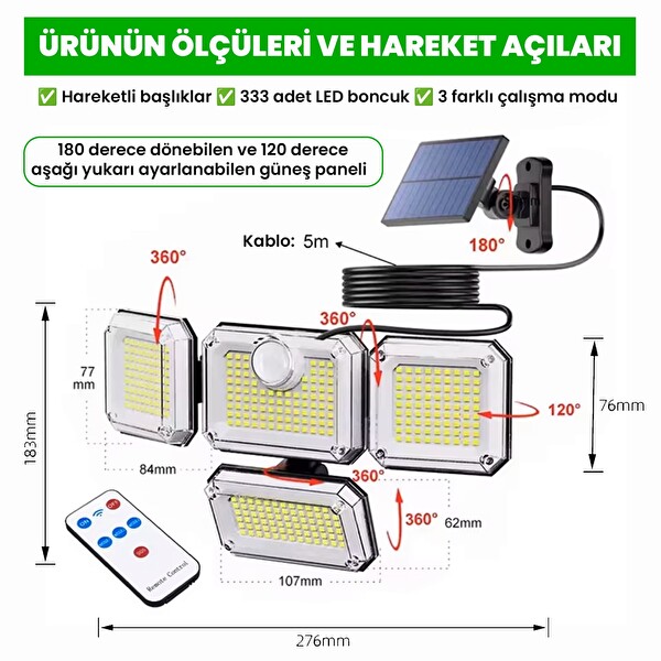 Upway Güneş Enerjili 333 Ledli 4 Oynar Başlıklı Kumandalı Su Geçirmez Sensörlü Lamba