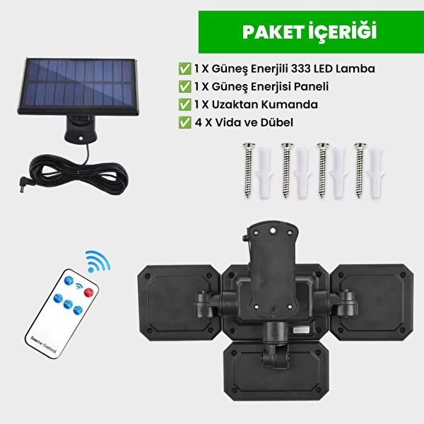 Upway Güneş Enerjili 333 Ledli 4 Oynar Başlıklı Kumandalı Su Geçirmez Sensörlü Lamba