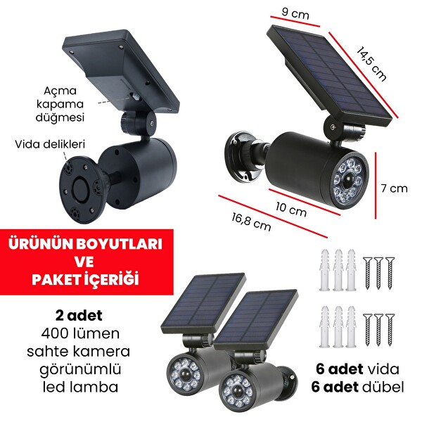 Upway Sahte Kamera Görünümlü Sensörlü Güneş Enerjili 1500 mAh 400 Lümen Led Lamba - 2 Adet