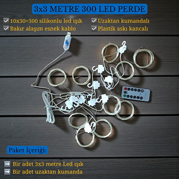 Upway 3x3 Metre Kumandalı 8 Modlu Askılı USB 300 Led Işıklı Perde Gün Işığı