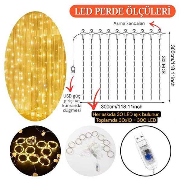 Upway 3x3 Metre Kumandalı 8 Modlu Askılı USB 300 Led Işıklı Perde Gün Işığı