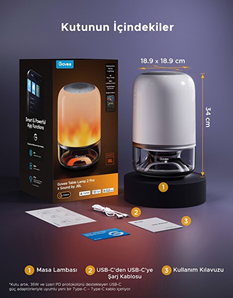 Govee H60200F1 2 Pro x JBL Hoparlörlü Type-C Şarjı 45' Masa Lambası