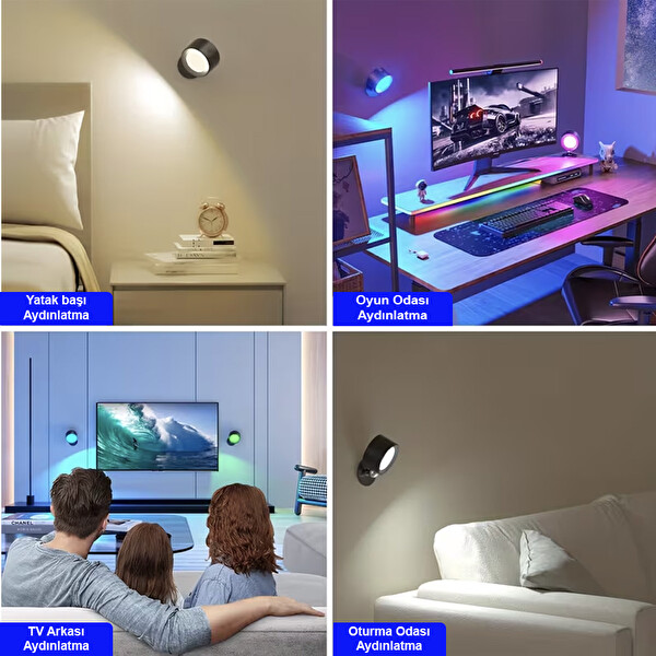 Greentech 14 Renk Dokunmatik 360 Derece Dönebilen Magnetli Şarjlı Led Aplik 2 Adet GT-CL21