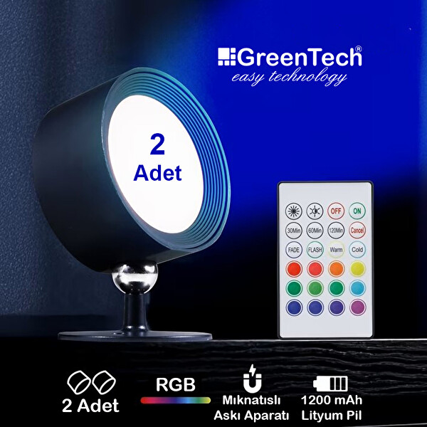 Greentech 14 Renk Dokunmatik 360 Derece Dönebilen Magnetli Şarjlı Led Aplik 2 Adet GT-CL21