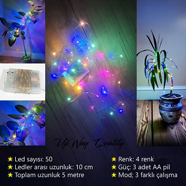 Upway 5 M Su Geçirmez 4 Renkli Pilli 50 Led Işık