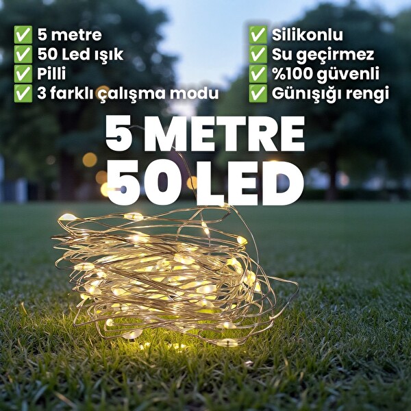 Upway 5 M Su Geçirmez Günışığı Pilli 50 Led Işık