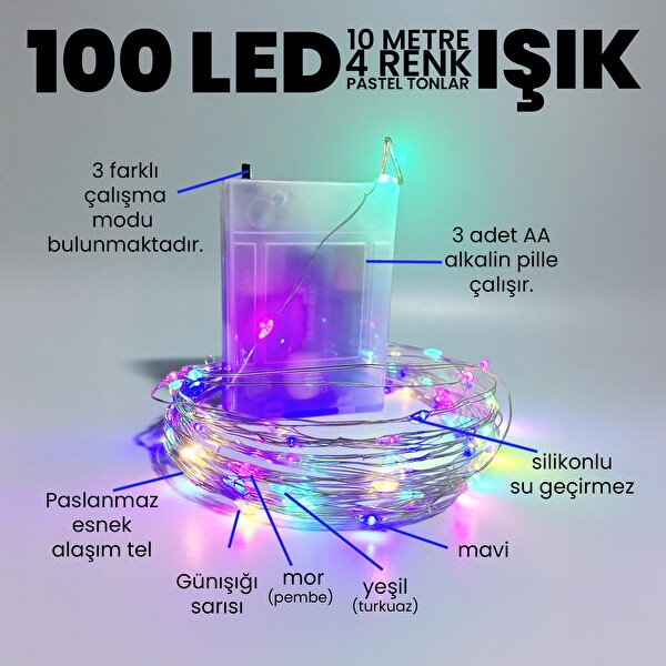 Upway 10M Su Geçirmez 4 Renkli Pilli 100 Led Işık
