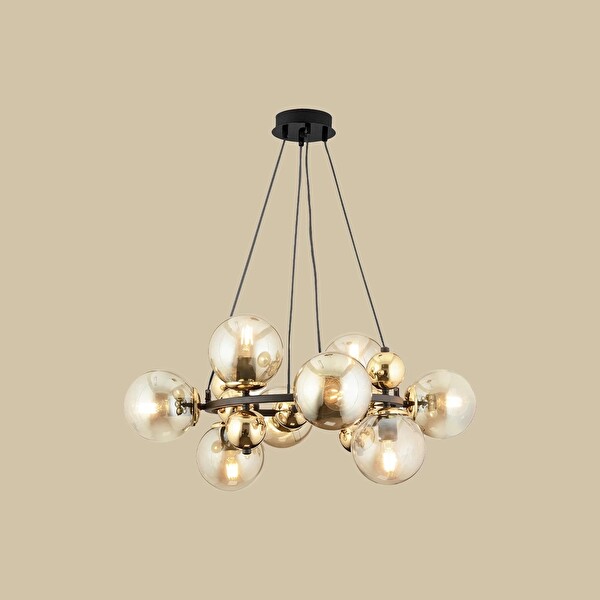 Avize Pazarı Sekizli Yuvarlak Camlı Avize Siyah-Gold (70x75 CM)