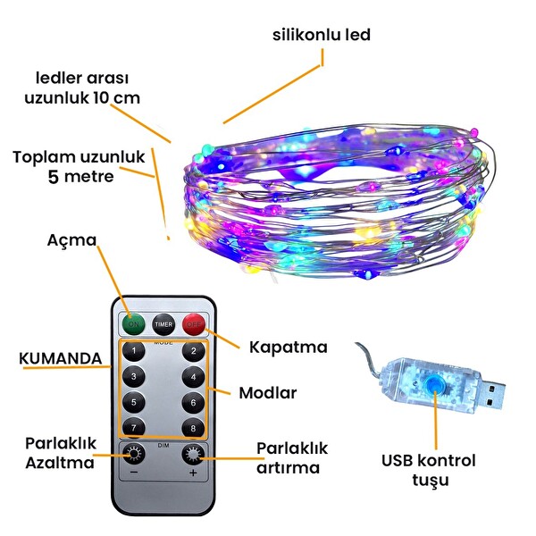 Upway 5 M 4 Renkli Kumandalı USB 50 Led Işık Aydınlatma